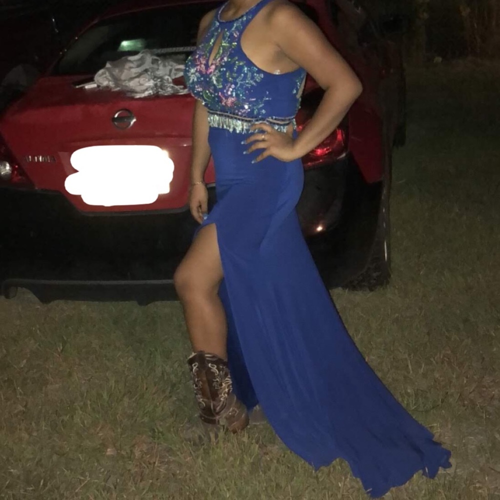 Thigh slit blue dress, size 10